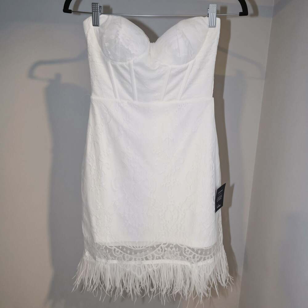 Lulus Vivacious Moment Ivory Lace Bustier Strapless Feather Mini Dress. New with